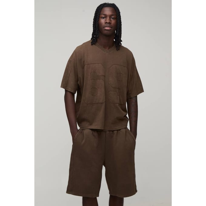Oversized Boxy Appliqué Gewassen T-shirt En Short Set | Brown | Size Medium
