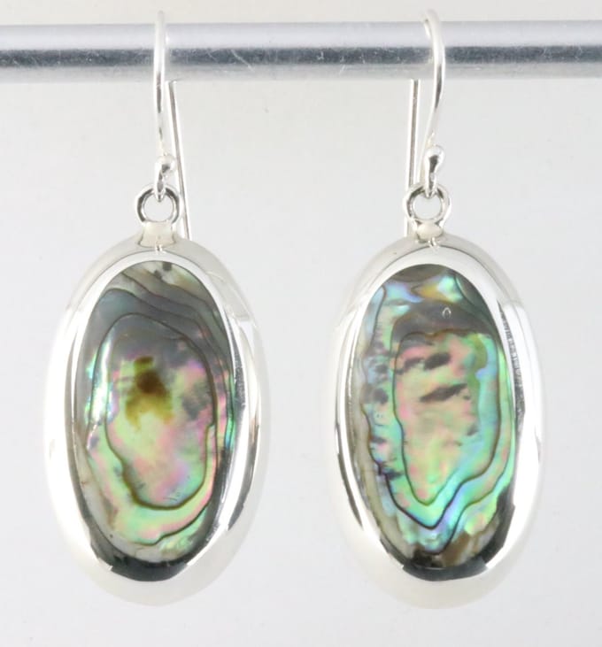 Ovale hoogglans zilveren oorbellen met abalone schelp