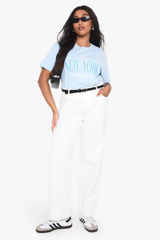 boohoo Dames PLUS NEW YORK OVERSIZED T-SHIRT | Babyblauw | Maat: 48