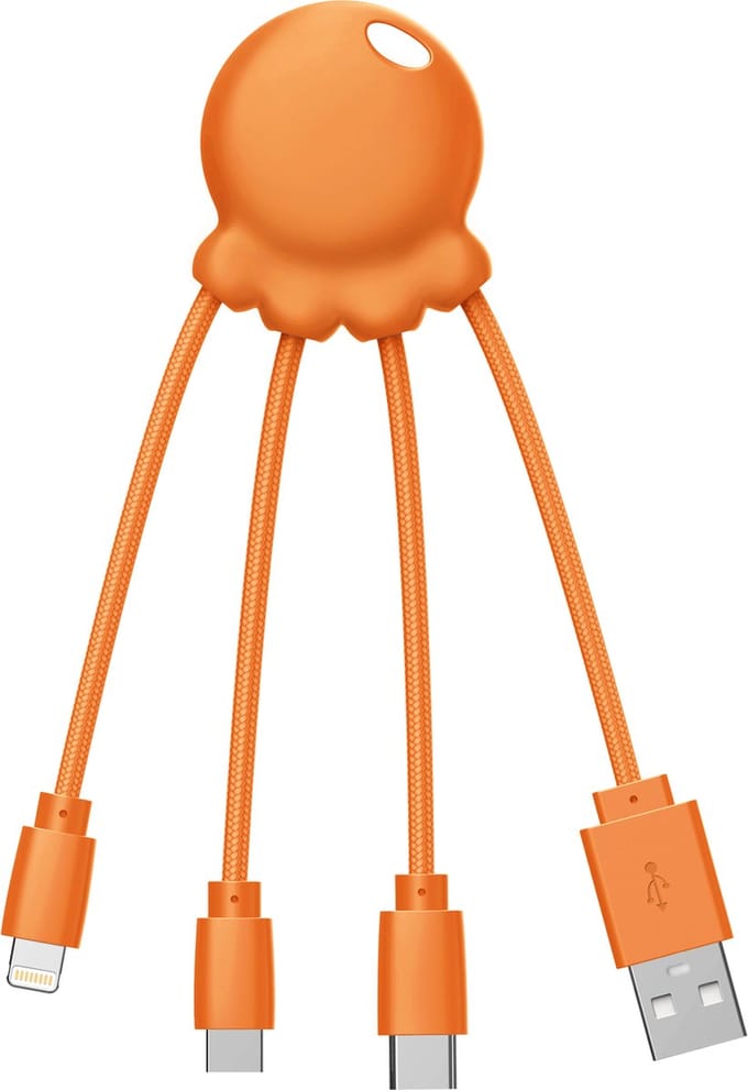 Xoopar - Octopus Recycled 3-in-1 Laadkabel – USB naar USB-C, Lightning en Micro-USB – Compacte Multilaadkabel – 0,1 m – Oranje
