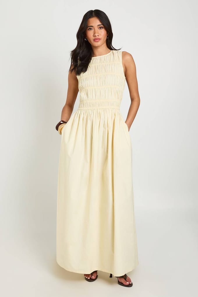 boohoo Dames Katoenen Poplin Gesmockte Maxi Jurk | Citroen | Maat: 38
