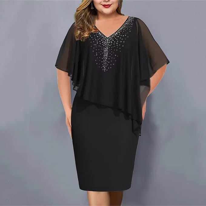 Dames Plus Size V-hals Overlay Asymmetrische Biljurk Chiffon Pailletten Jurk 4XL wijnrode kleur