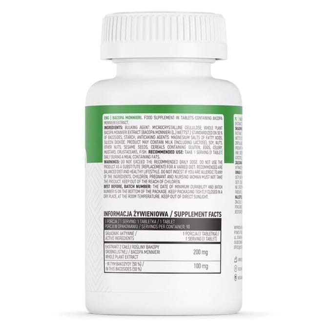 Supplementen - Bacopa Monnieri 200mg - 90 Tablets OstroVit - 90 Tabletten