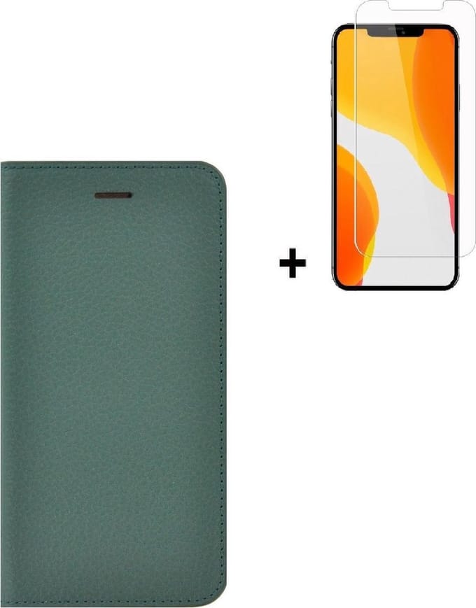 iPhone 12 Mini hoesje - iPhone 12 Mini Screenprotector - Bookcase Portemonnee Hoes Ultra dun Echt leer Wallet case Groen + Screenprotector
