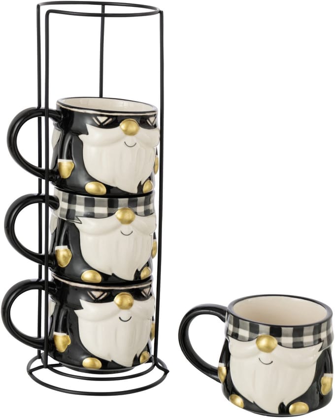 J-Line mok Kerstman Dolomiet - keramiek - zwart/wit - doos van 4