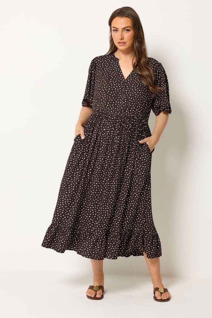 Yours Bruine Maxijurk Met Stippenprint En Inkeping In De Hals Size 46