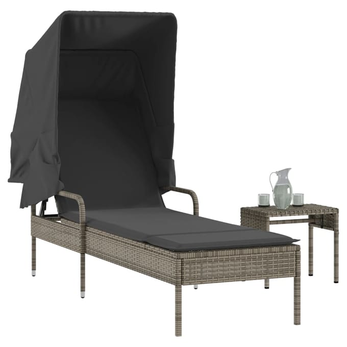 vidaXL - Ligbed - met - luifel - en - tafel - poly - rattan - grijs