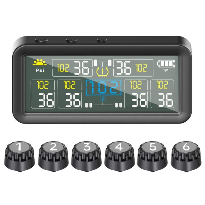 Moniteur de pression des pneus avec 6 capteurs externes, écran LCD, chargement solaire et Type C, marche/arrêt automatique, température et bas gray