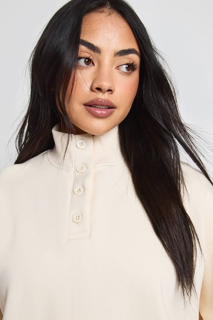 boohoo Dames Funnel Neck Henley Sweatshirt | Creme | Maat: Small