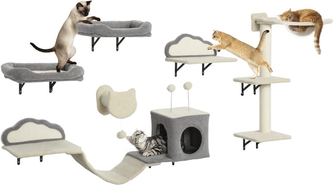 PawHut Wandkattenrekken, 6-delig, wandmeubelset, acryl bubbels hangmat, nis, hangmat, sisal krabpaal, in de stal te plaatsen Wandboom voor katten binnen beige