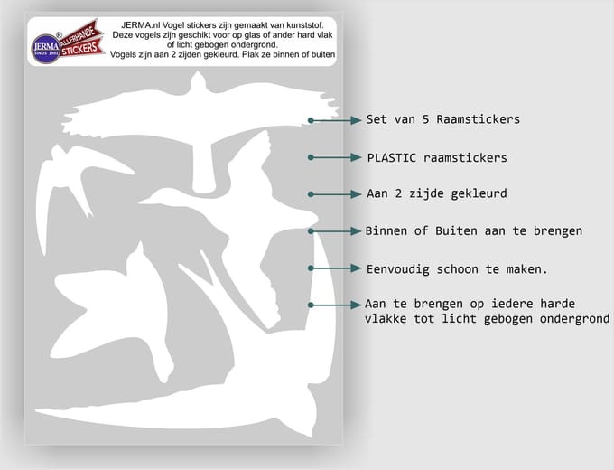 Jerma - Vogels - Raamstickers - set 5 st - 5 div. afmetingen - Wit - Zelfklevend - Plasticfolie