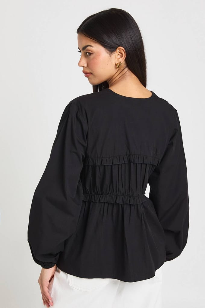 boohoo Dames Strikblouse met Ruches in Poplin | Zwart | Maat: 38