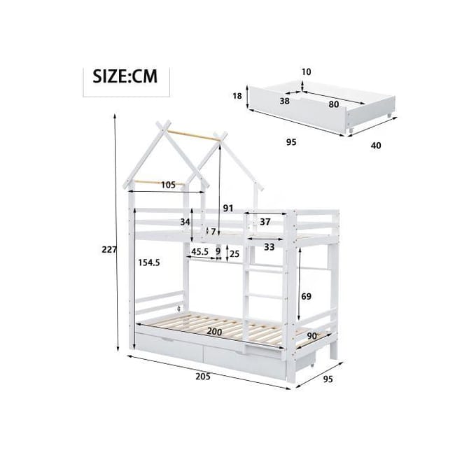 Stapelbed - MUVOE - 90x200cm - Wit - Met lades en planken - Veilig voor kinderen wit