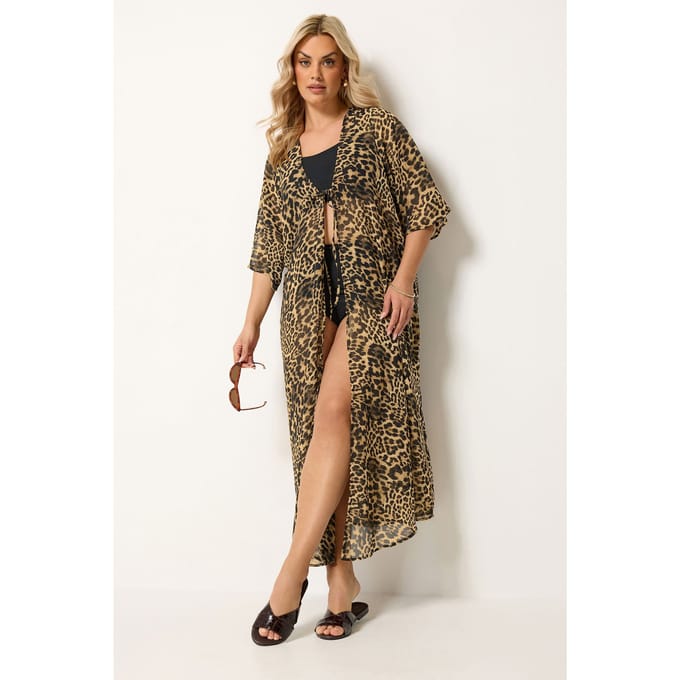 Yours Bruine Kimono Met Luipaardprint En Midaxilengte Size 46