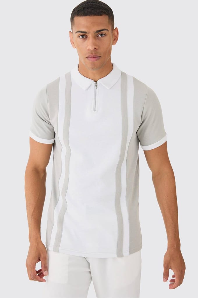 Slim panelen polo met ritssluiting en interlock stof | White | Size Medium