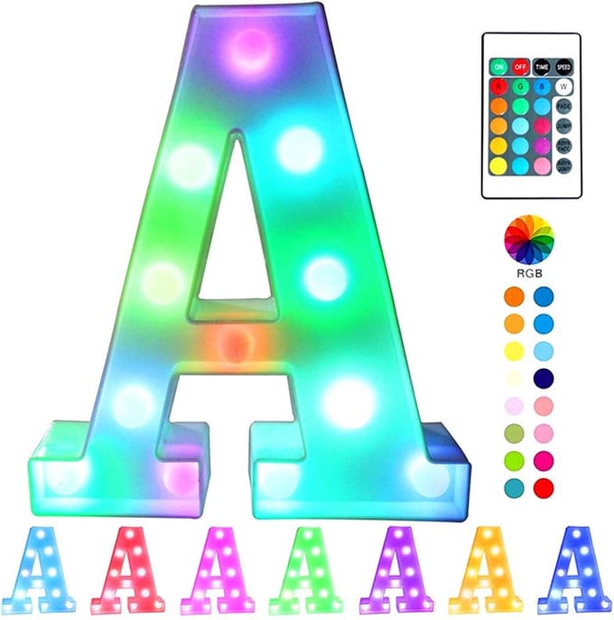 Lichtgevende Letter A - 22 cm Hoog - RGB Met Afstandsbediening - Op Batterijen