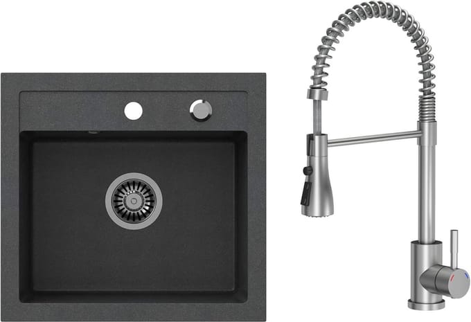 Complete Spoelbak Set met Kraan Zwart Composiet Inbouw - Enkele Bak