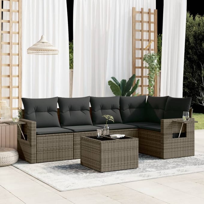 vidaXL - 6-delige - Loungeset - met - kussens - poly - rattan - grijs