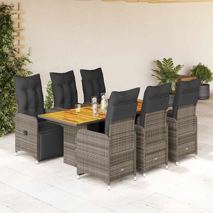 vidaXL - 7-delige - Bistroset - met - kussens - poly - rattan - grijs