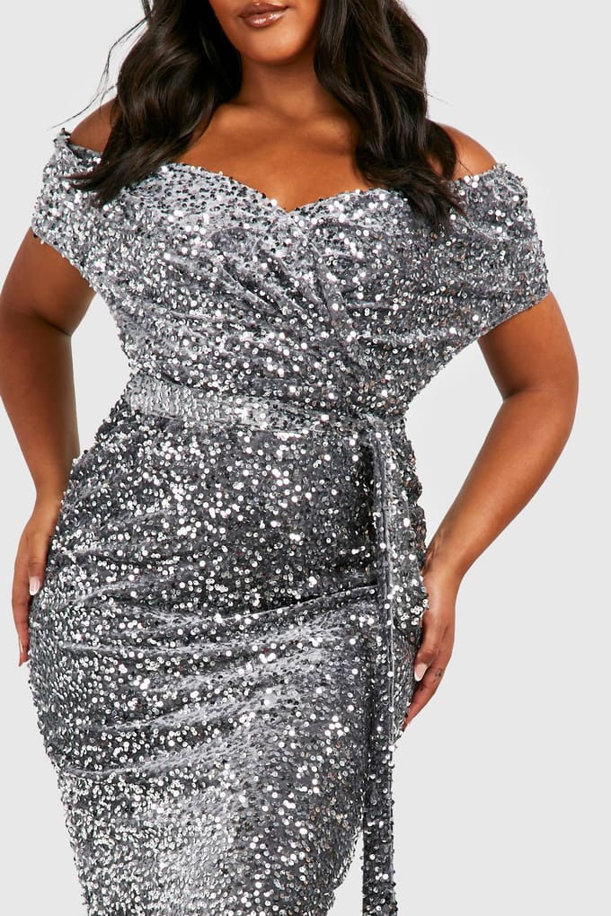 boohoo Dames Plus Pailletten Off-Shoulder Wikkel Midi Jurk | Silver | Maat: 28