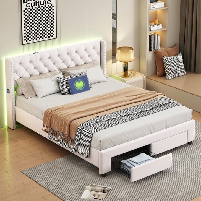Tweepersoonsbed, 140x190 cm, met led- en USB-aansluiting, gestoffeerd bed met 2 lades, lattenbodem, fluweel