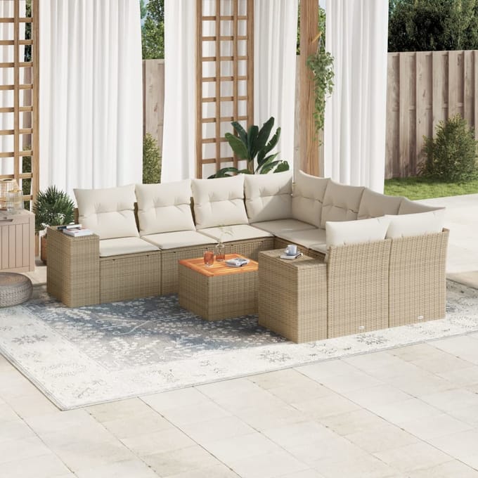 vidaXL - 9-delige - Loungeset - met - kussens - poly - rattan - beige