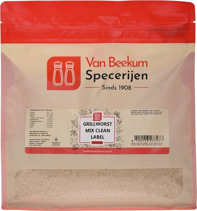 Van Beekum Specerijen - Grillworst Mix Clean Label - 1 KG (hersluitbare stazak)