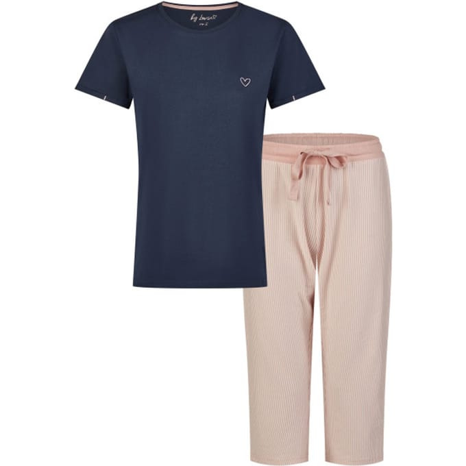 By Louise Essential Dames Capri Pyjama Driekwart Gestreept Blauw - Maat L