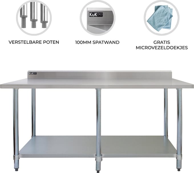 Rvs horecawerktafel - zilver - 213cm breed - incl. 2 doeken