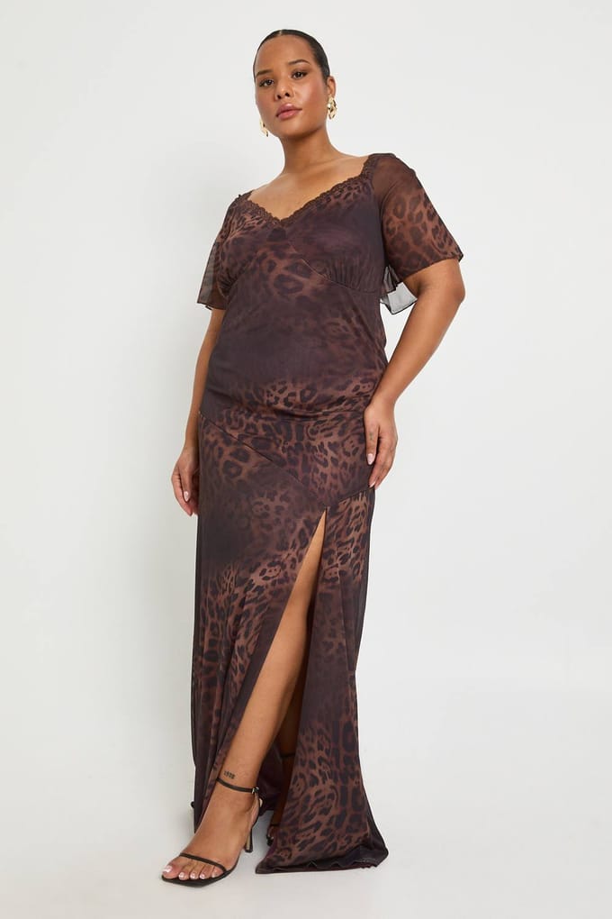 boohoo Dames Plus Leopard Kanten Rand Engelmouw Slip Jurk | Brown | Maat: 16