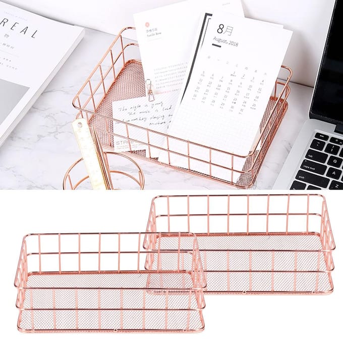 2PCS Nordic Simple Rose Gold Smeedijzeren Opbergmand Desktop Organizer ContainerL Large beige