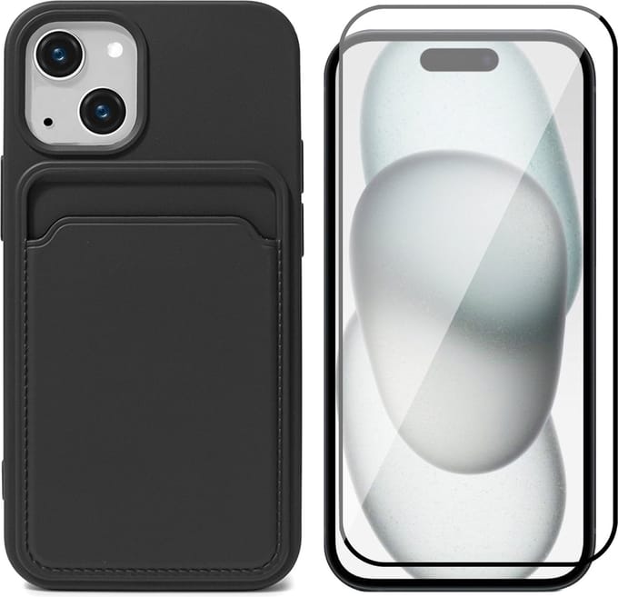 Hoesje Pasjeshouder geschikt voor iPhone 15 - Screenprotector FullGuard - Siliconen Case Back Cover Zwart & Screen Protector