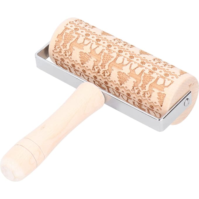 Rouleau à pâtisserie de Noël en bois de Noël gravé en relief Rouleau à pâtisserie Bâton à pâte Outil de cuisson Élan beige
