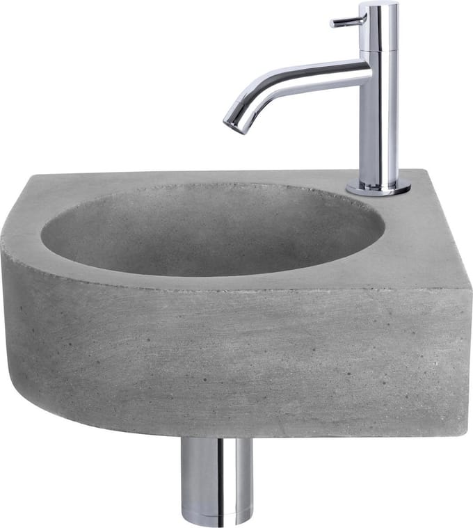 Differnz Cleo Fonteinset - Beton Donkergrijs - Kraan Gebogen Chroom - Inclusief Sifon en Afvoerplug - Hoekmodel Plaatsbesparend - Kwartrond - Hangend - 31,5 x 31,5 x 10 cm