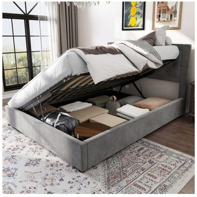 Gestoffeerd bed - MUVOE - 140x200 cm - Grijs - Lattenbodem inbegrepen - Geoptimaliseerde opbergruimte grijs
