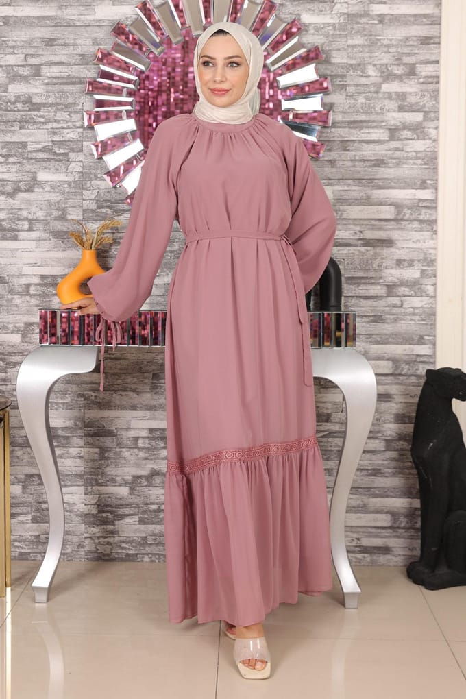 Kant Detailed Chiffon Avondjurk Oud roze