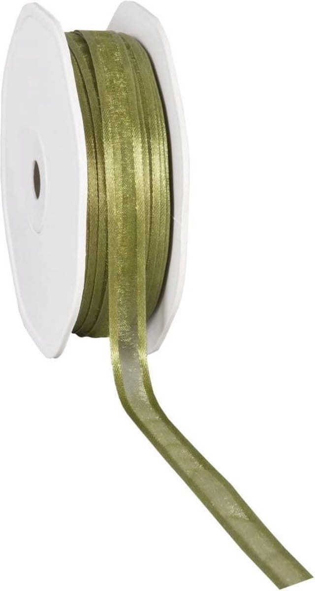 Satin edge Organzalint Olijf – 10 mm × 50 m – Organza