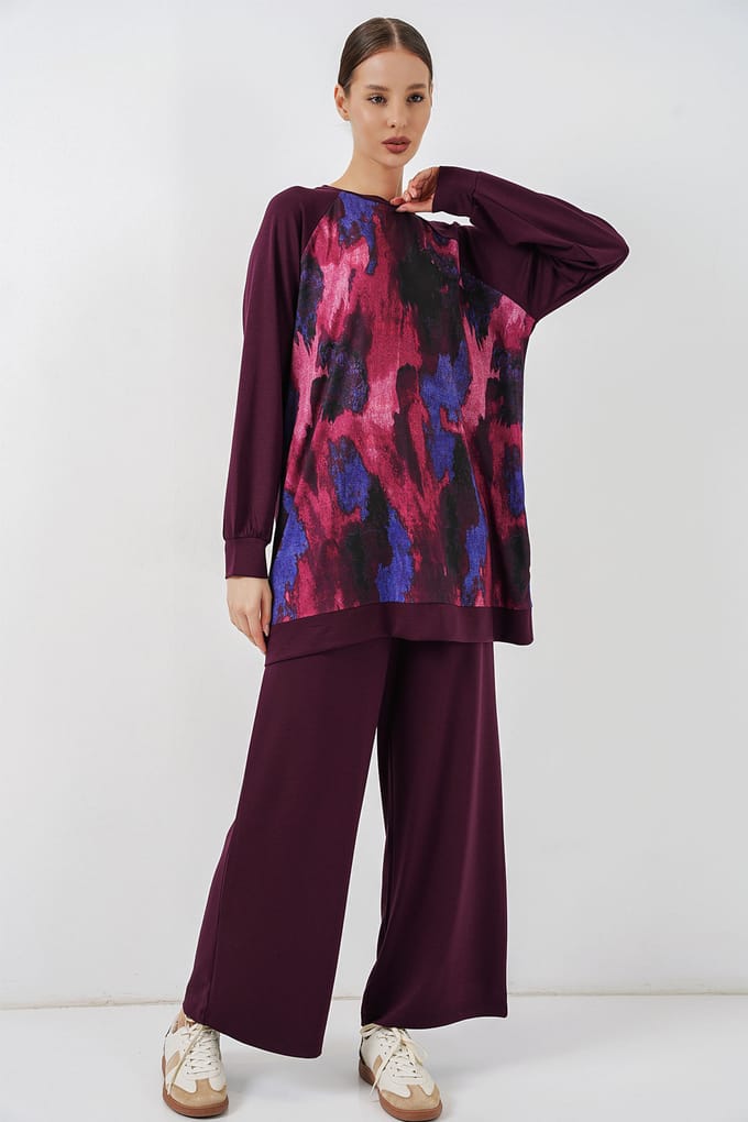 Oversized abstracte print crewneck tuniek en broek set