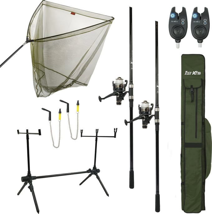 FISH XPRO - Karperset -Improve Deluxe - 2 Hengels compleet - Karpernet - Rodpod -Beetmelders