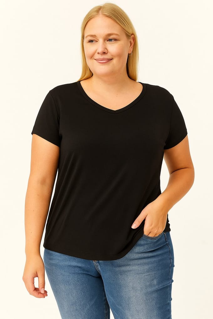 Dames 5XL V-Hals Basic Kortemouw Zwart T-Shirt - Grote Maat Blouse