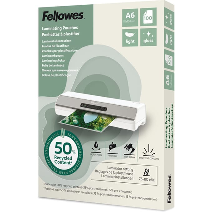 Fellowes® lamineerfolies, formaat A6, foliedikte 80 µ, gerecycled PET, transparant-helder glanzend, 100 stuks