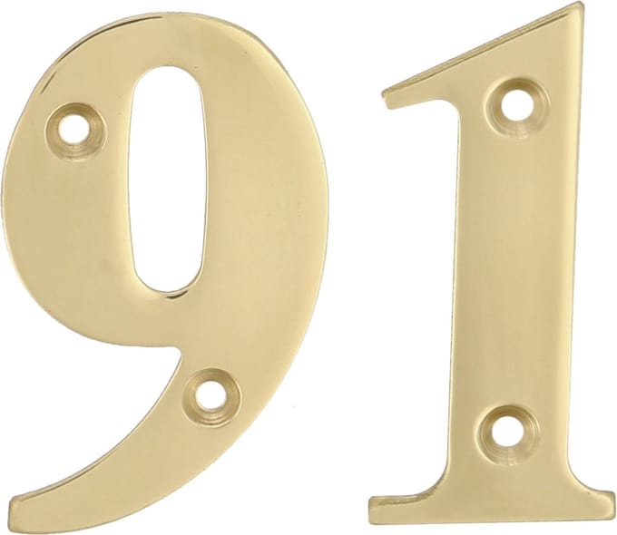 AMIG Huisnummer 91 - massief messing - 5cm - incl. bijpassende schroeven - gepolijst - goudkleur