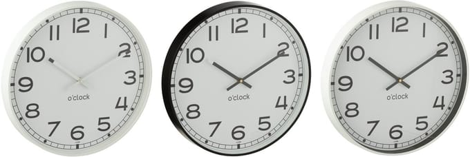 J-Line klok Rond - kunststof - wit/zwart - large - 3 stuks - Ø 40 cm