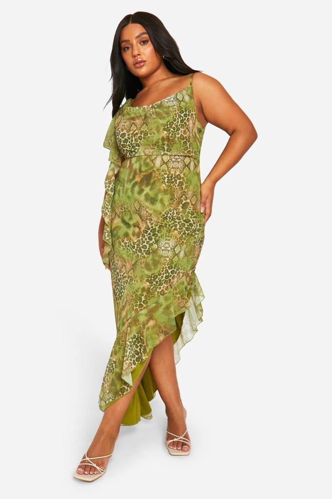 boohoo Dames Plus Snake Print Ruffle Maxi Jurk | Groente | Maat: 56