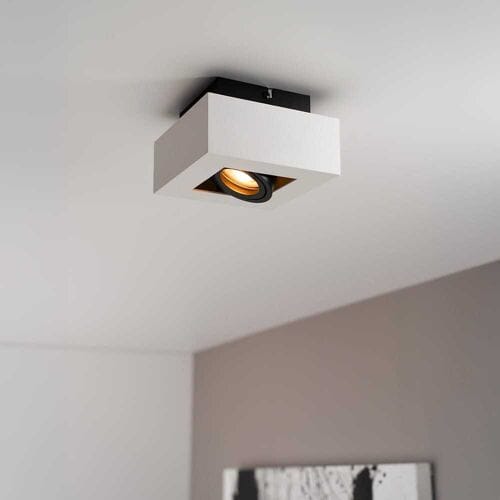 Pollux bianco I by LUSENZ - Vierkante plafondlamp met richtbare spot, mat witte coating en zwart interieur