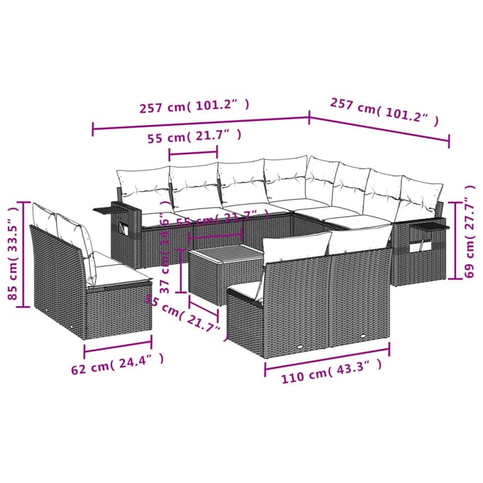 vidaXL - 12-delige - Loungeset - met - kussens - poly - rattan - gemengd - beige