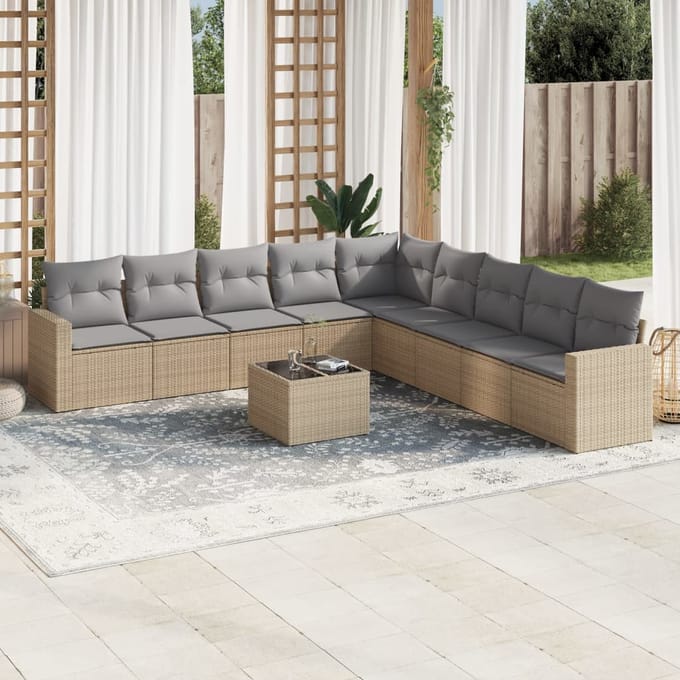 vidaXL - 10-delige - Loungeset - met - kussens - poly - rattan - beige