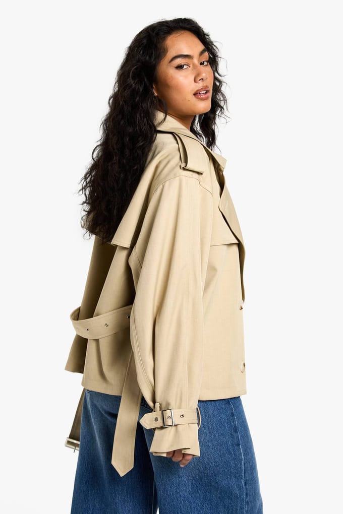 boohoo Dames Short Trenchcoat met Ceintuur | Steen | Maat: 38