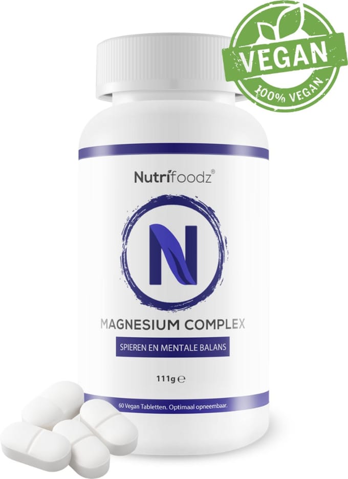 Nutrifoodz® Magnesium 200 Complex – 4 Magnesiumvormen & Vitamine B6 - Hoog Opneembaar - Vegan - 111g - 60 tabletten