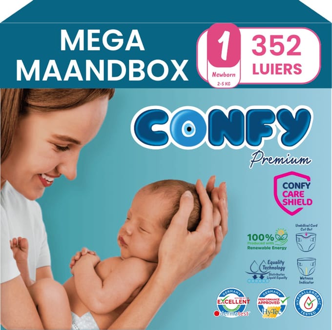 Confy Premium - Luiers Maat 1 (2-5kg) - 352 Luiers - Mega MaandBox
